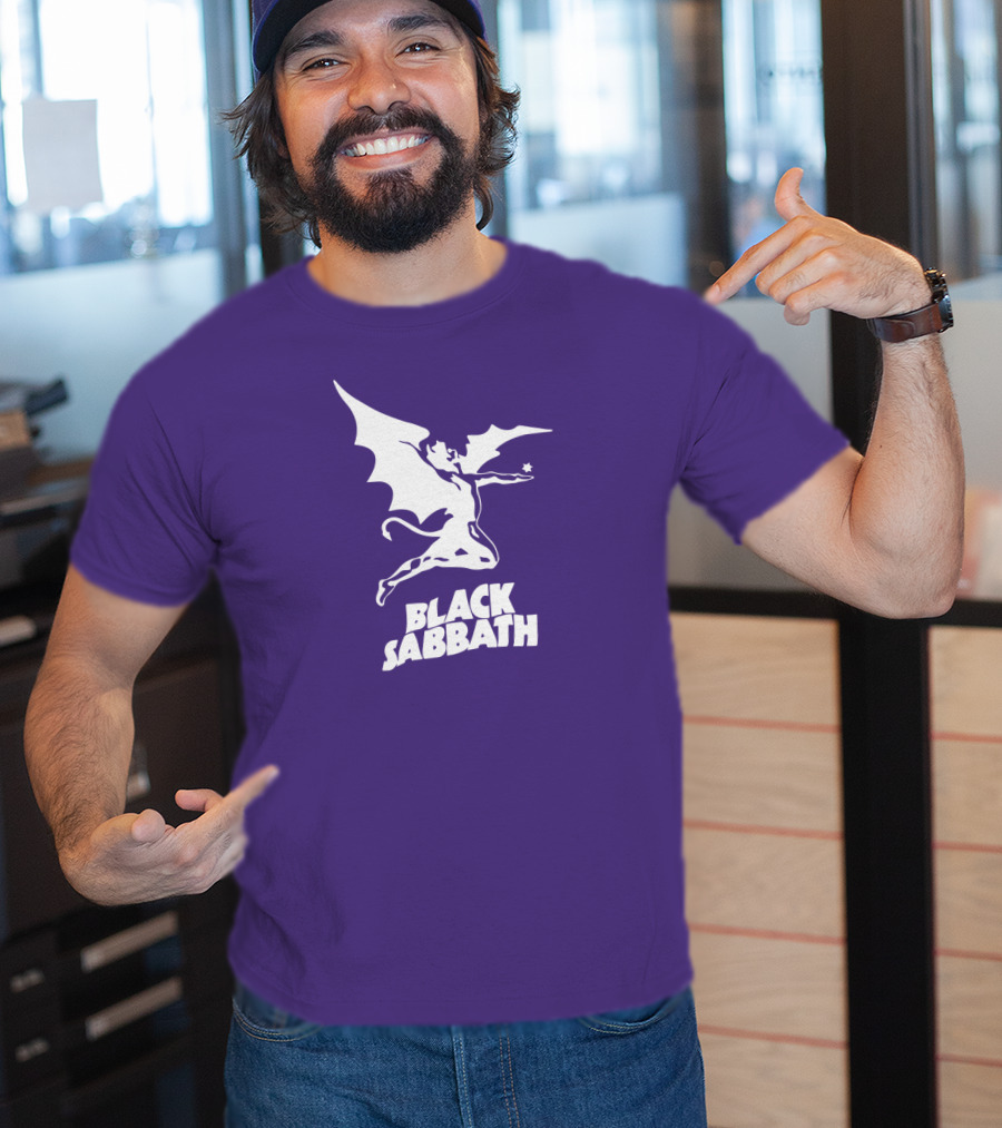 Black Sabbath Flying Devil Logo Purple Background T-Shirt