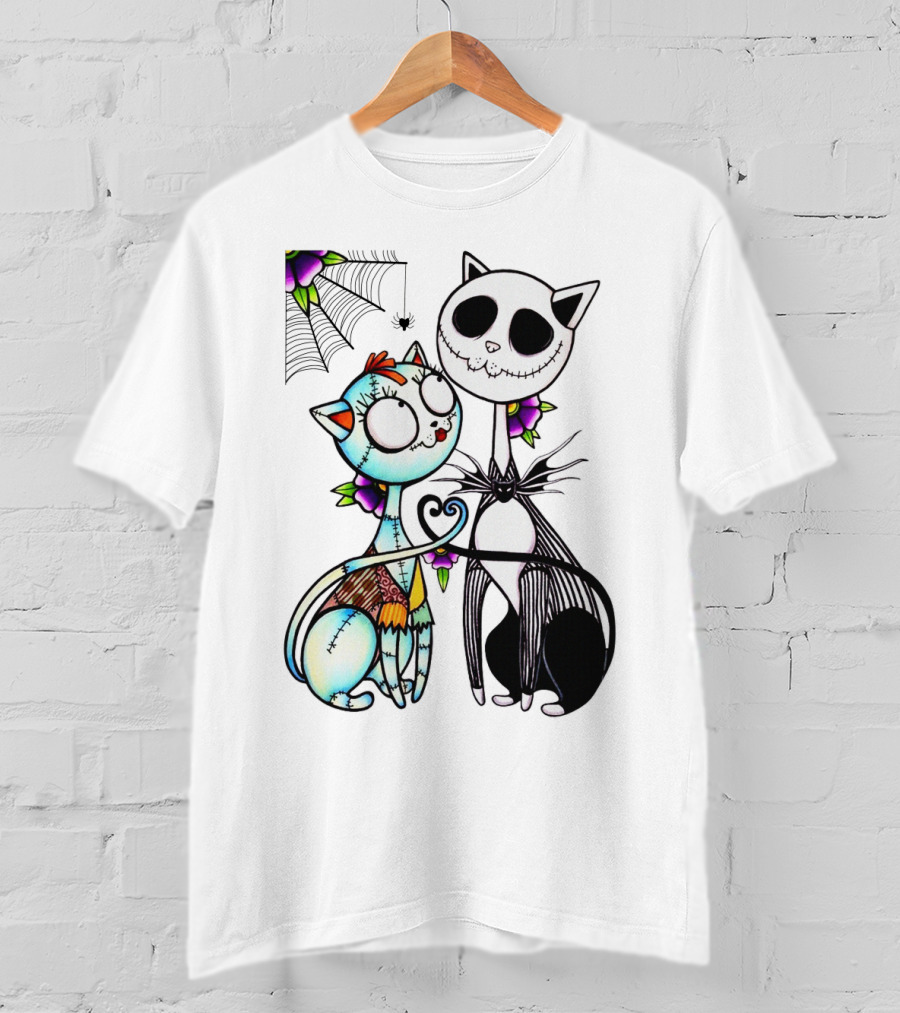 Cat Version Of Jack Skellington And Sally With Spider Web And Flowers T-Shirt