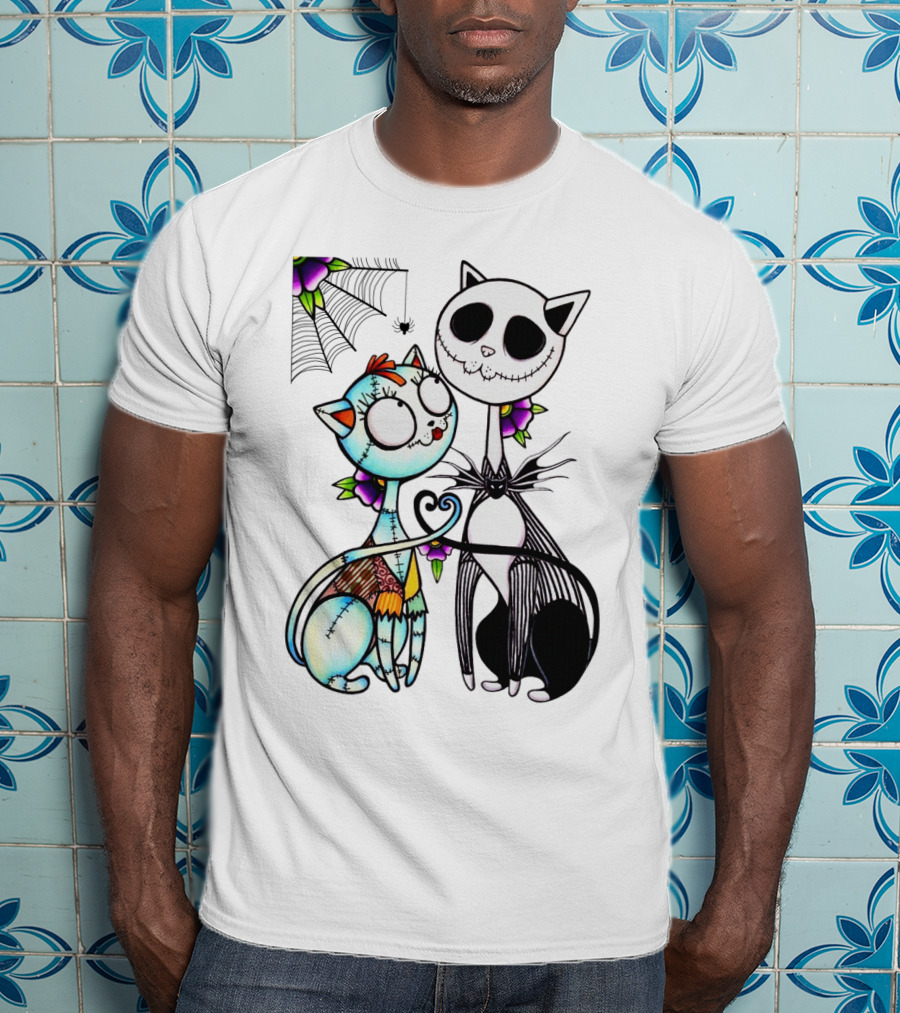 Cat Version Of Jack Skellington And Sally With Spider Web And Flowers T-Shirt