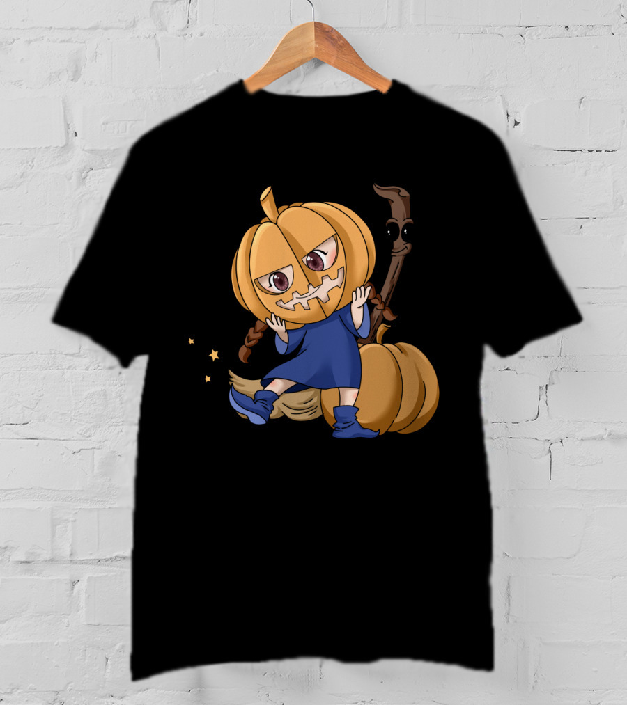 Halloween Cartoon Witch Girl With Pumpkin Head And Broomstick In Blue Dress T-Shirt