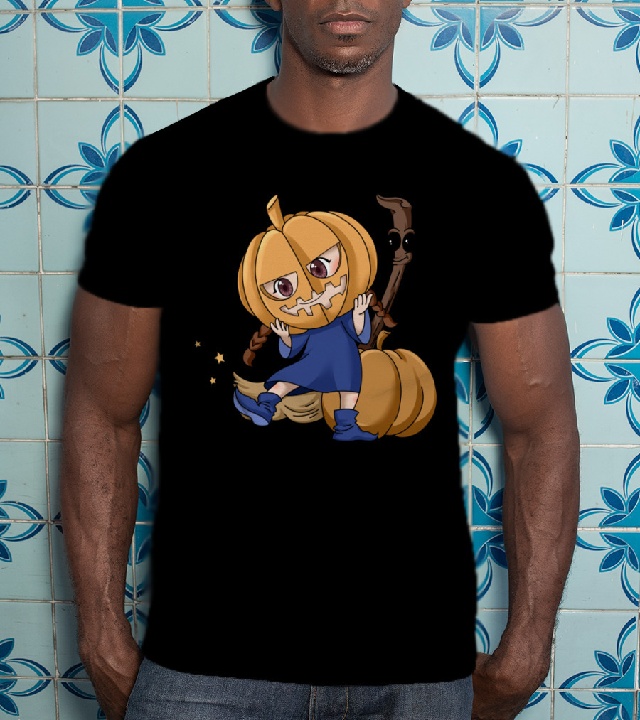 Halloween Cartoon Witch Girl With Pumpkin Head And Broomstick In Blue Dress T-Shirt