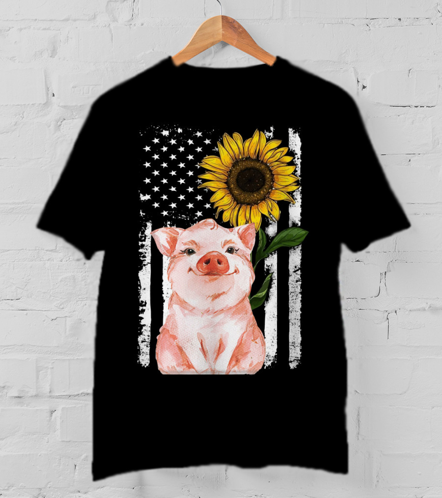 American Flag Sunflower Pig Vintage T-Shirt