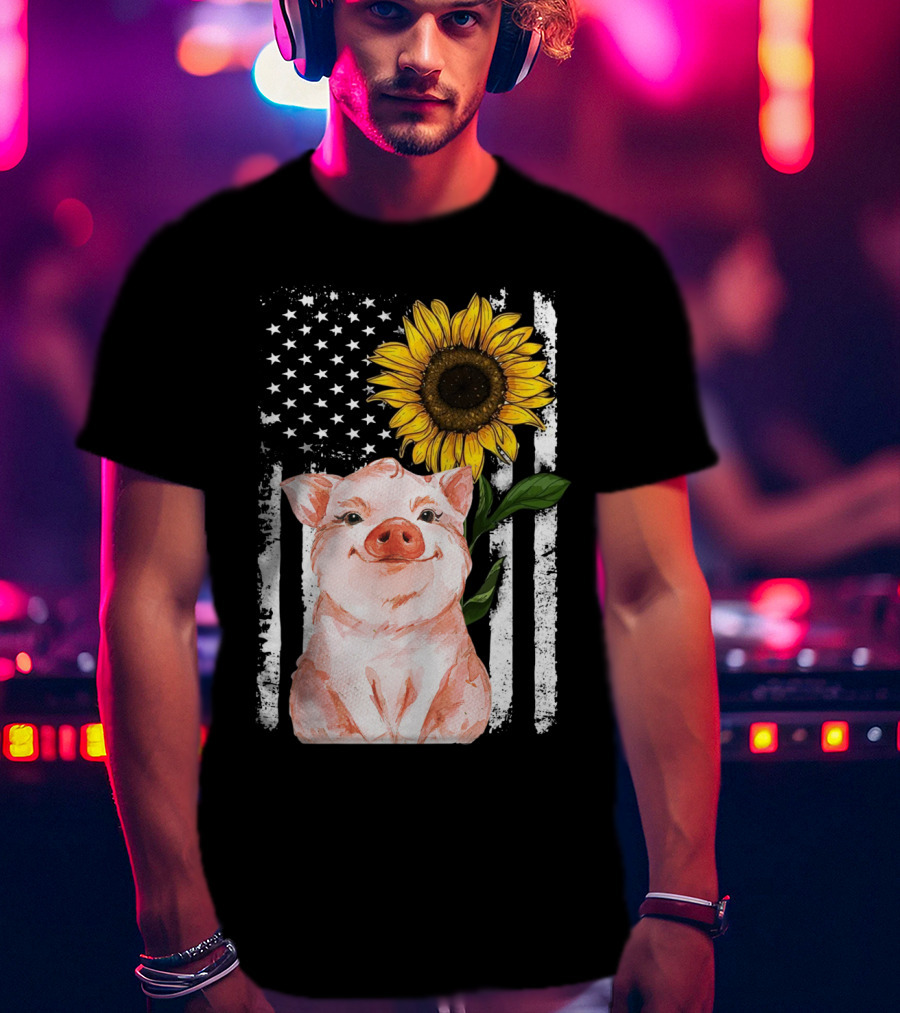 American Flag Sunflower Pig Vintage T-Shirt