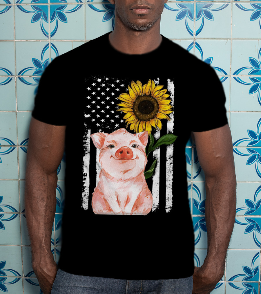 American Flag Sunflower Pig Vintage T-Shirt