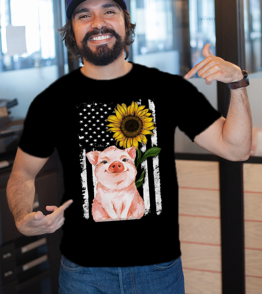 American Flag Sunflower Pig Vintage T-Shirt