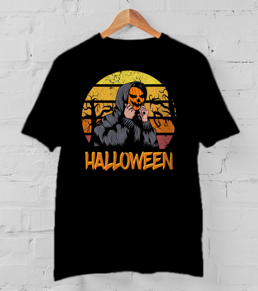 Halloween Hooded Figure With Pumpkin Mask And Sunset Stripes T-Shirt
