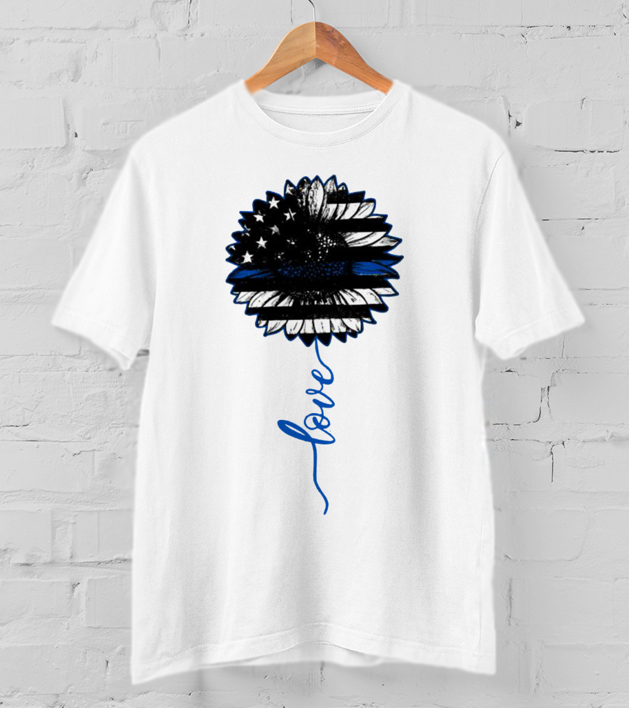 American Flag Sunflower Thin Blue Line Love T-Shirt