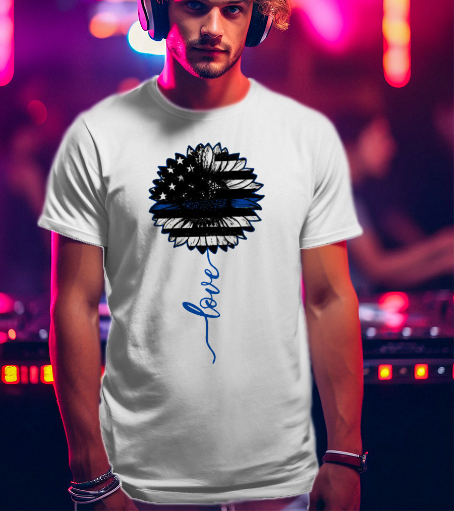 American Flag Sunflower Thin Blue Line Love T-Shirt
