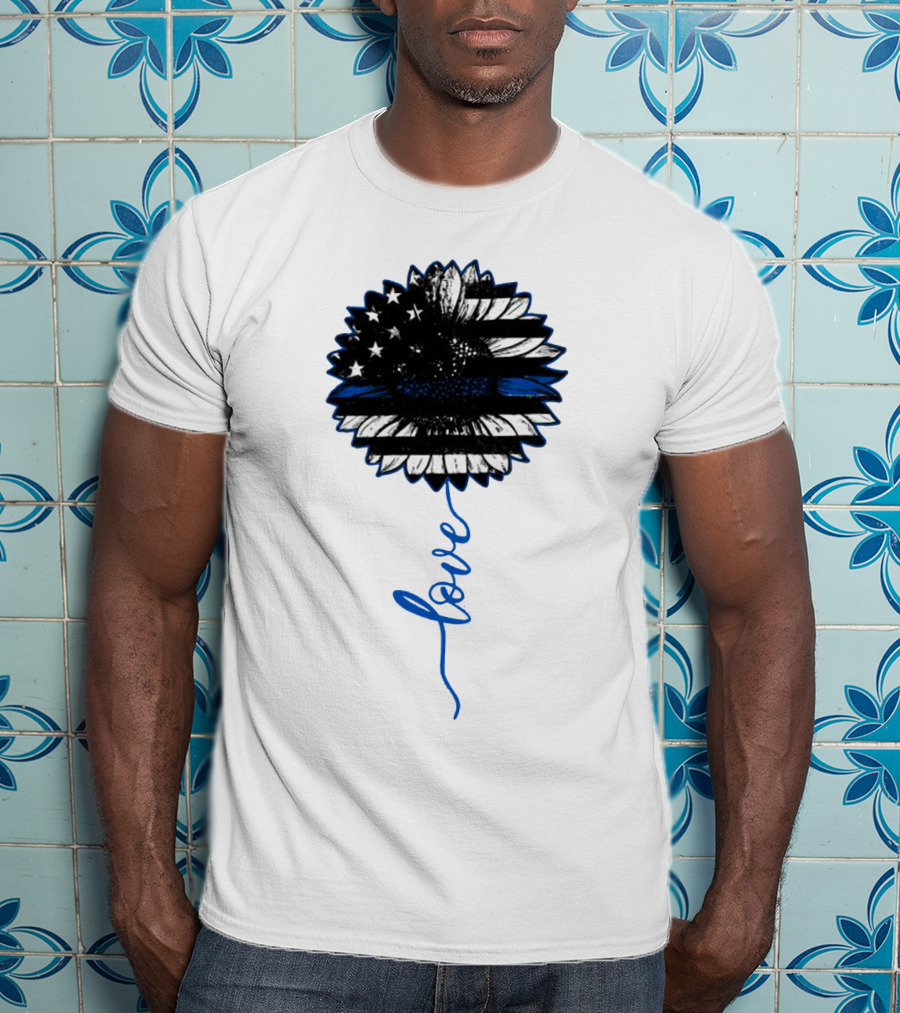 American Flag Sunflower Thin Blue Line Love T-Shirt