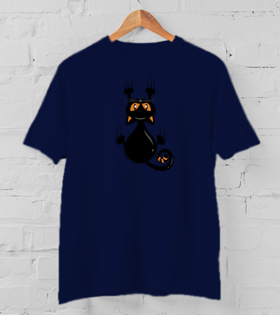 Cartoon Cute Halloween Black Cat With Orange Eyes And Scratching Claws T-Shirt