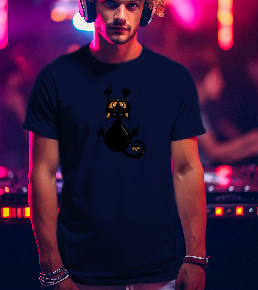 Cartoon Cute Halloween Black Cat With Orange Eyes And Scratching Claws T-Shirt