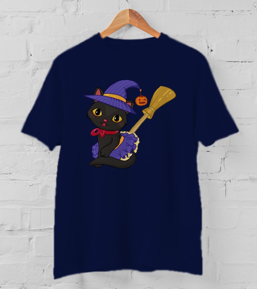 Halloween Black Cat In Witch Hat With Broom And Pumpkin Charm T-Shirt