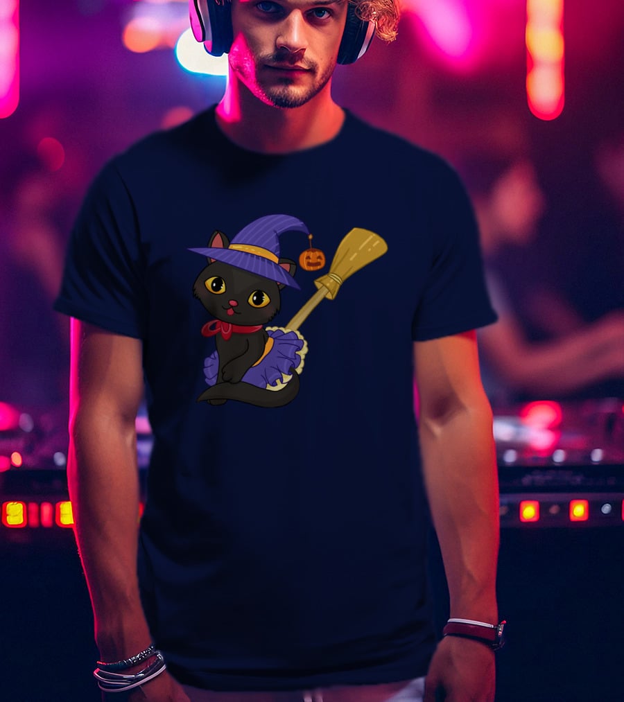 Halloween Black Cat In Witch Hat With Broom And Pumpkin Charm T-Shirt