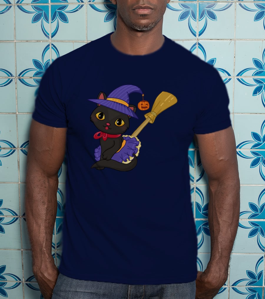 Halloween Black Cat In Witch Hat With Broom And Pumpkin Charm T-Shirt