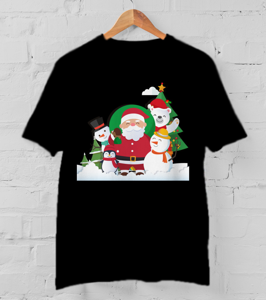 Christmas With Santa Claus Snowman Penguin Polar Bear Festive Scene T-Shirt