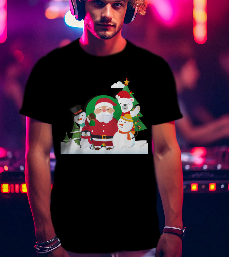 Christmas With Santa Claus Snowman Penguin Polar Bear Festive Scene T-Shirt