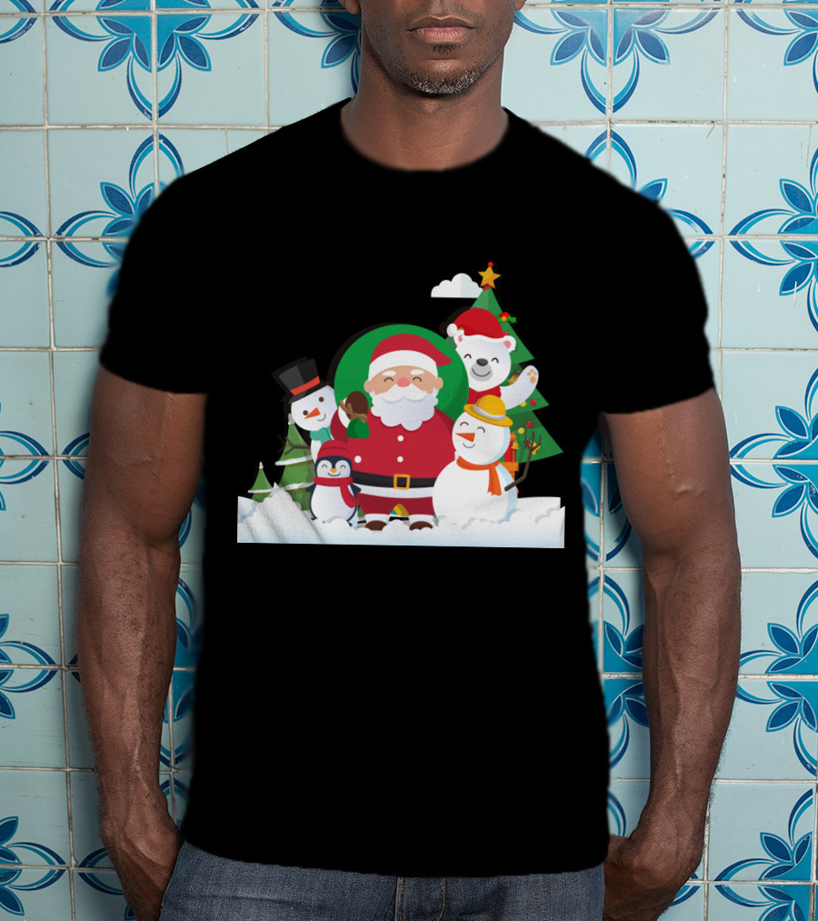 Christmas With Santa Claus Snowman Penguin Polar Bear Festive Scene T-Shirt