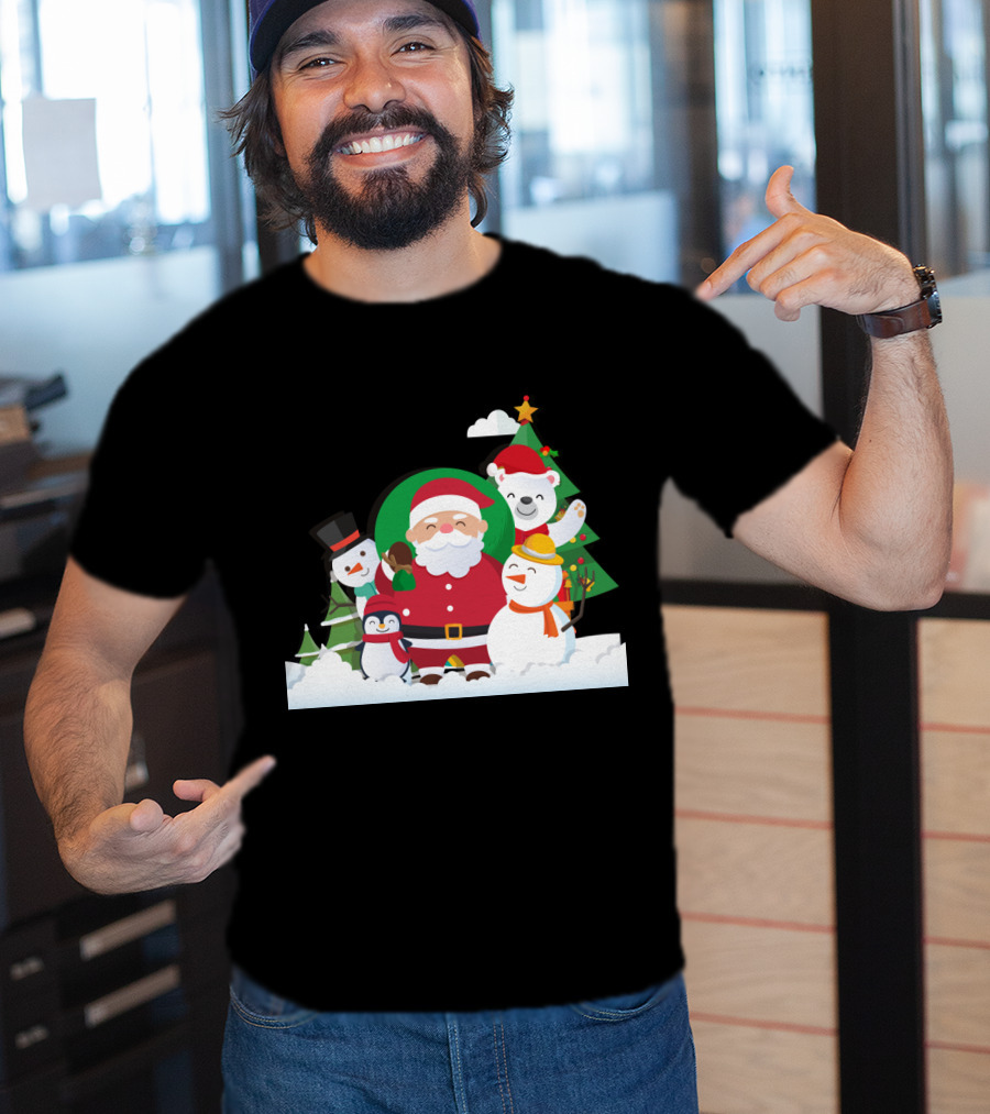 Christmas With Santa Claus Snowman Penguin Polar Bear Festive Scene T-Shirt