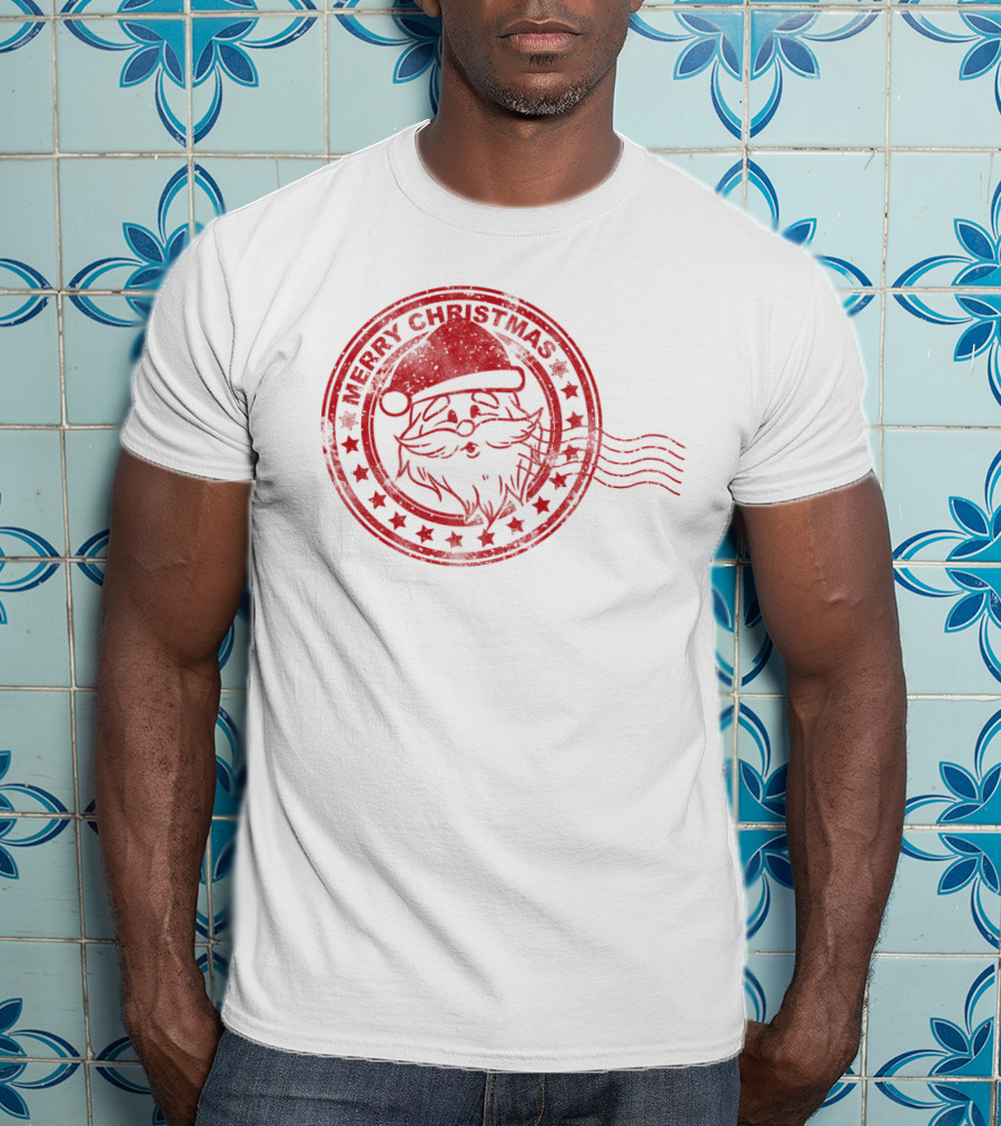 Merry Christmas Santa Claus Postmark Seal With Stars And Hat T-Shirt