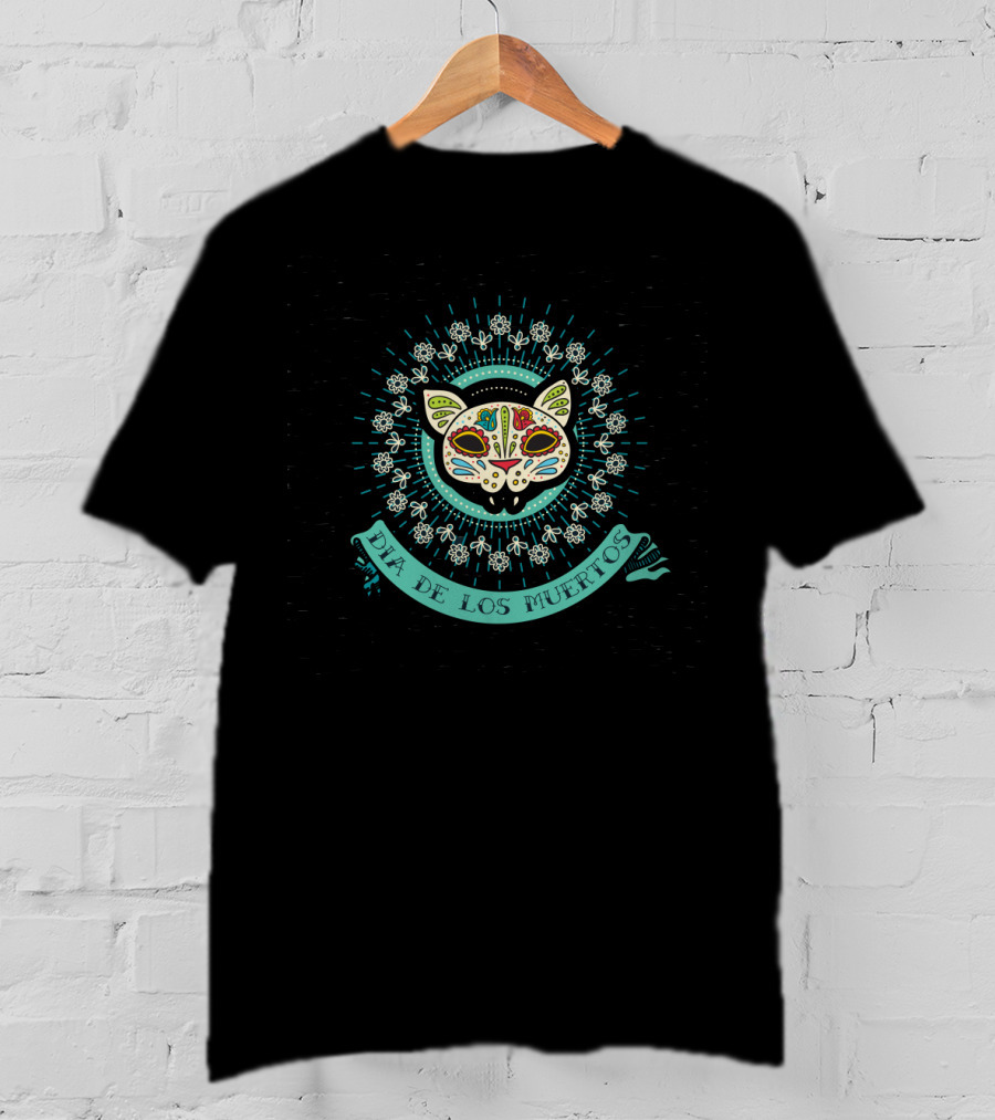 Dia De Los Muertos Sugar Skull Cat With Floral Decor In Teal And White T-Shirt