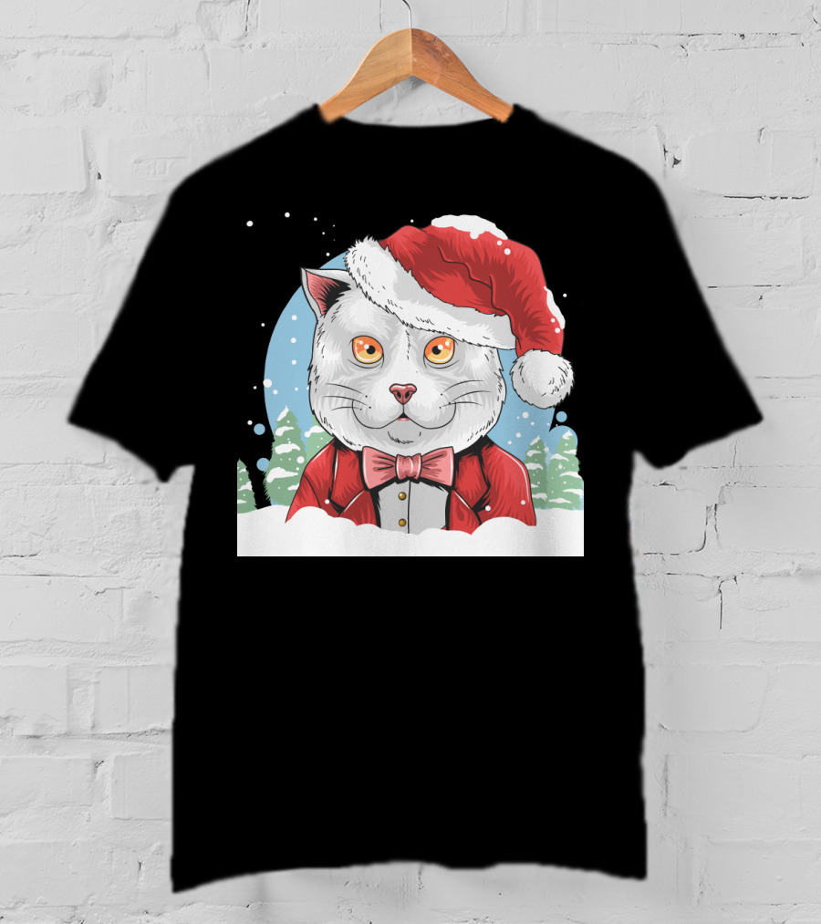 Santa Claus Cat In Winter Wonderland Christmas Scene T-Shirt