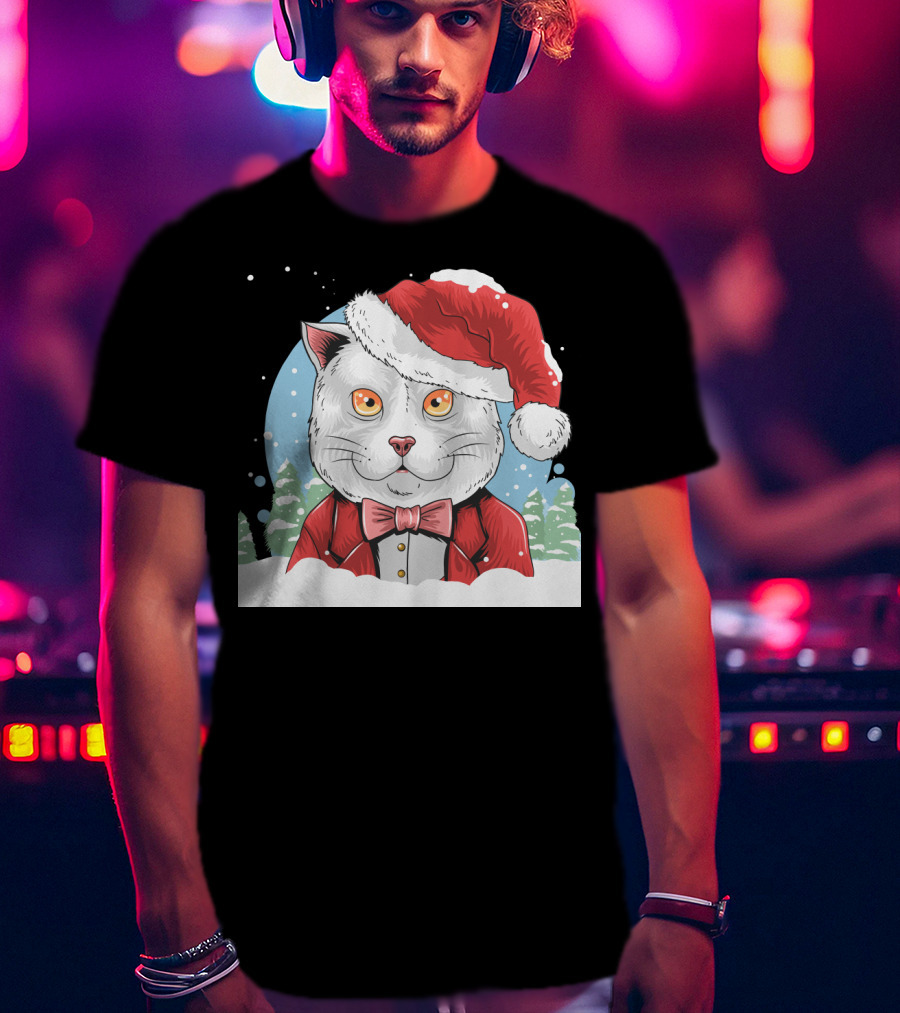 Santa Claus Cat In Winter Wonderland Christmas Scene T-Shirt