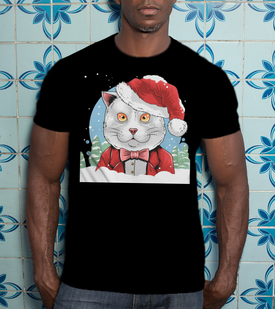 Santa Claus Cat In Winter Wonderland Christmas Scene T-Shirt
