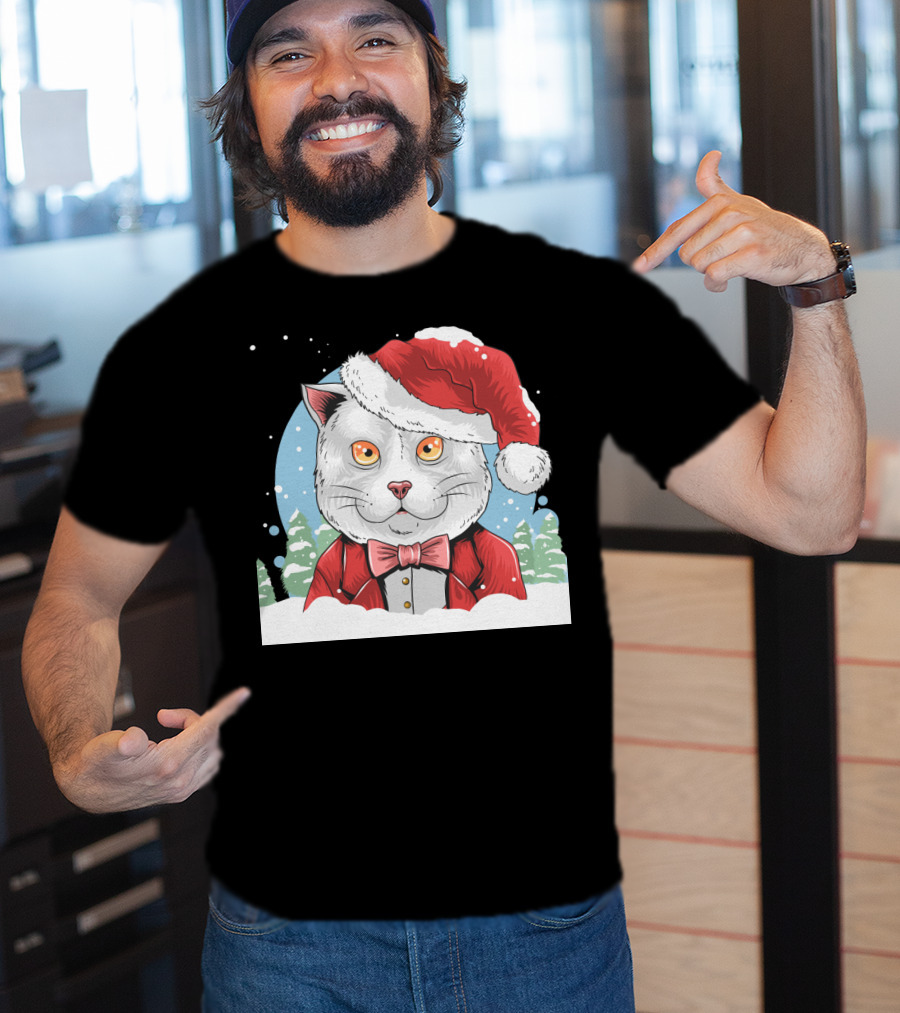 Santa Claus Cat In Winter Wonderland Christmas Scene T-Shirt