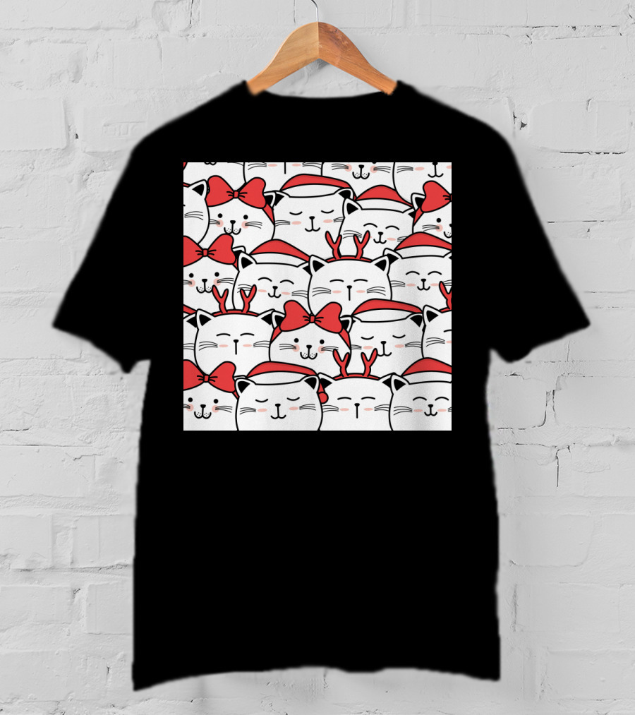 Cute Cat Christmas Santa Hats And Red Bows T-Shirt