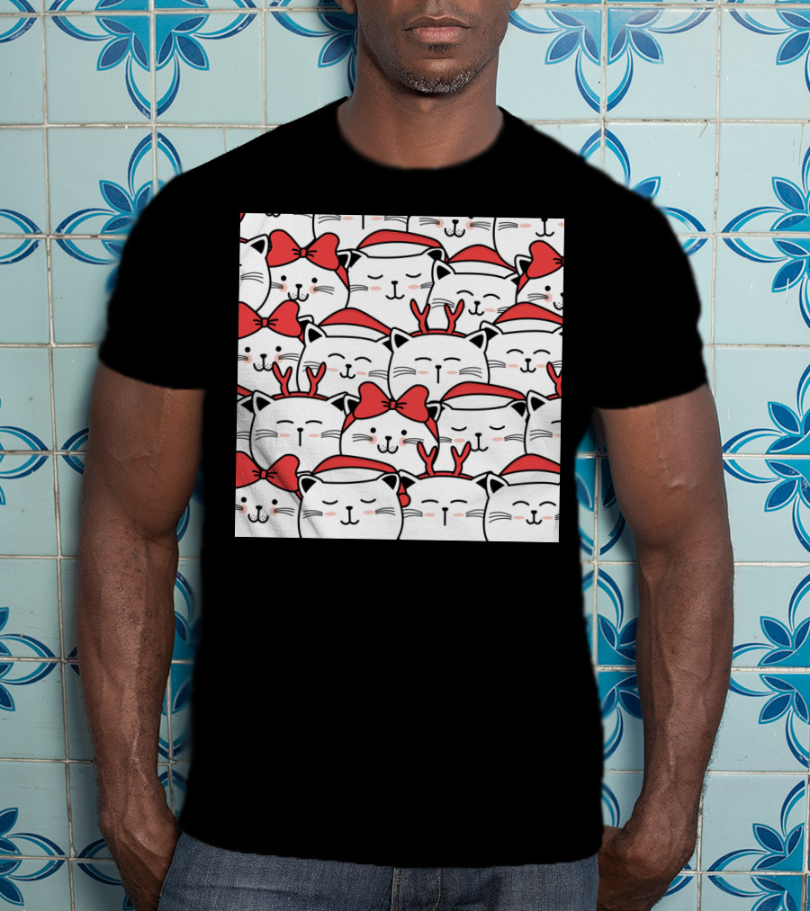 Cute Cat Christmas Santa Hats And Red Bows T-Shirt