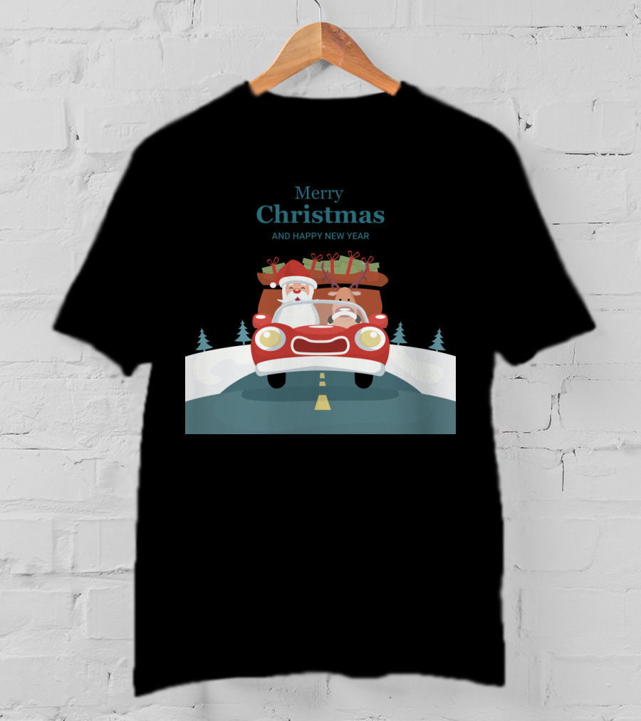 Merry Christmas And Happy New Year Reindeer Drives Car With Santa Claus T-Shirt