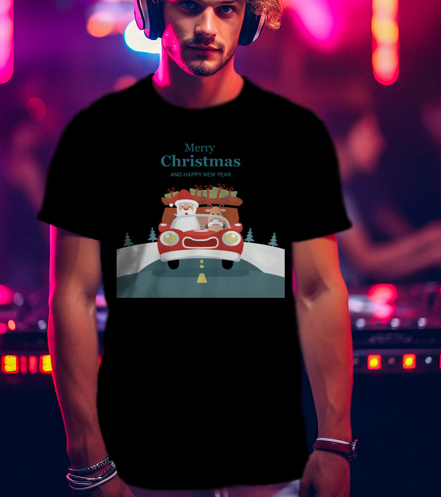 Merry Christmas And Happy New Year Reindeer Drives Car With Santa Claus T-Shirt