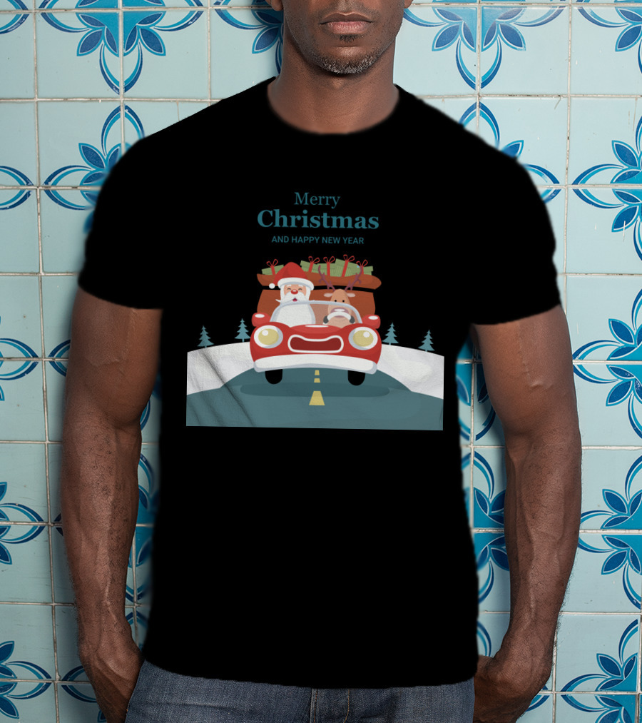 Merry Christmas And Happy New Year Reindeer Drives Car With Santa Claus T-Shirt
