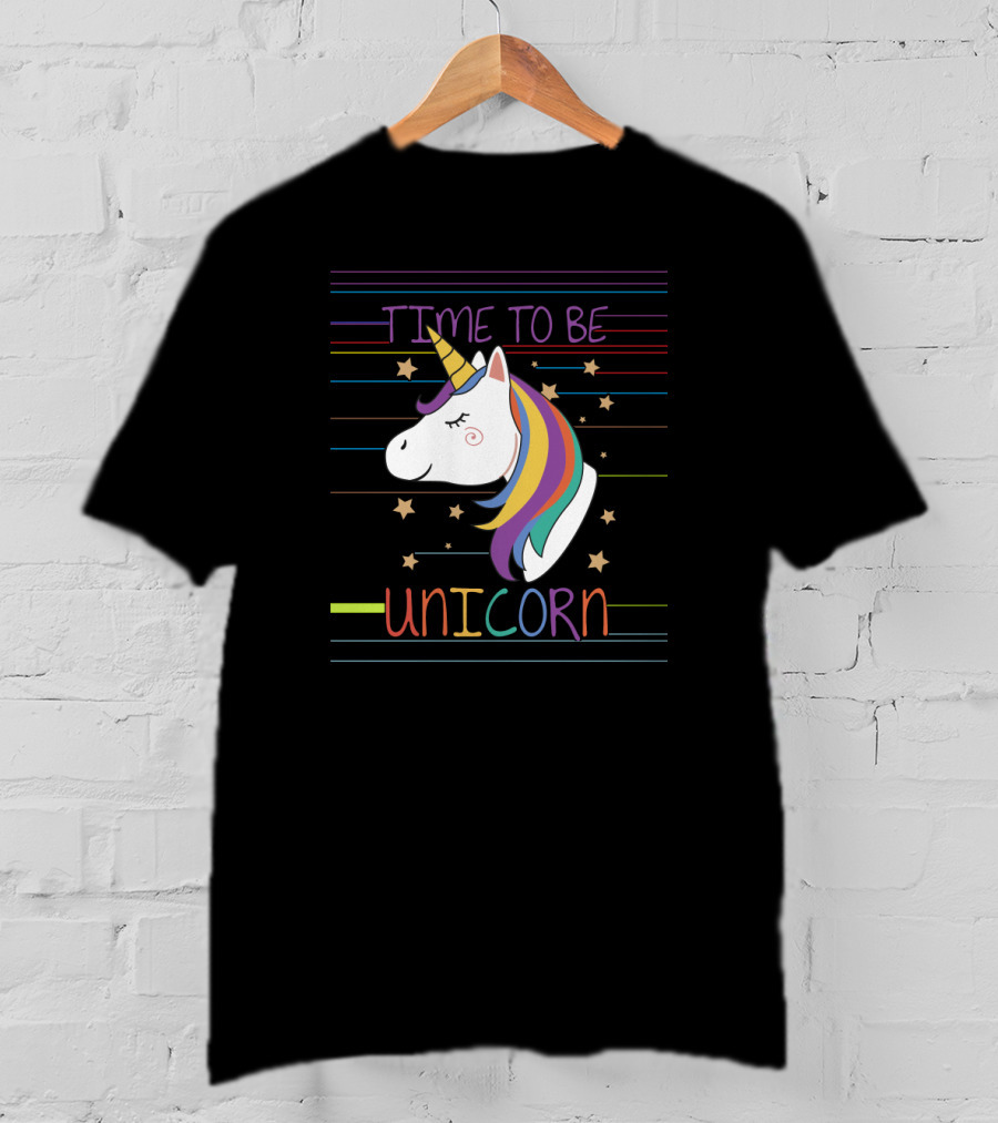 TIME TO BE UNICORN Colorful Stars Stripes Rainbow Mane T-Shirt