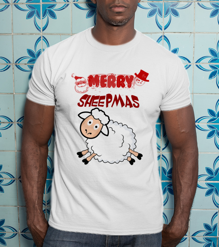 Merry Sheepmas Funny Christmas Santa Sheep With Snowman Hat T-Shirt