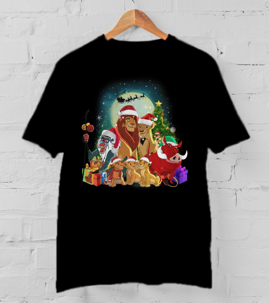 The Lion King Merry Christmas Santa Hats Moon And Sleigh T-Shirt