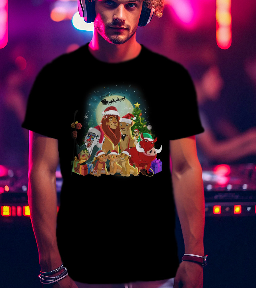 The Lion King Merry Christmas Santa Hats Moon And Sleigh T-Shirt