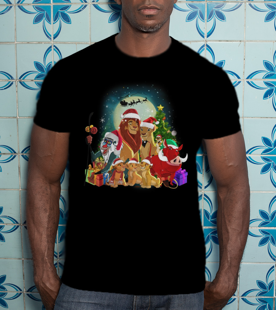The Lion King Merry Christmas Santa Hats Moon And Sleigh T-Shirt