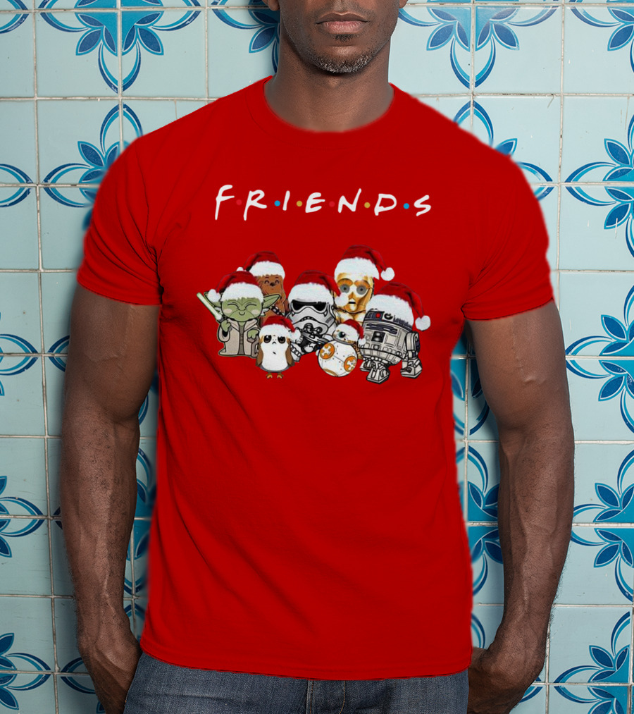 Star Wars Characters Yoda Chewbacca Porgs Stormtrooper R2 D2 C 3PO BB 8 Friends TV Show Christmas Santa Hats T-Shirt