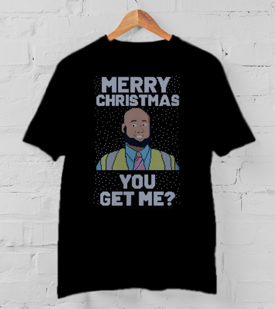 Merry Christmas You Get Me Bald Bearded Man In Tie And V-Neck Sweater Pixel T-Shirt