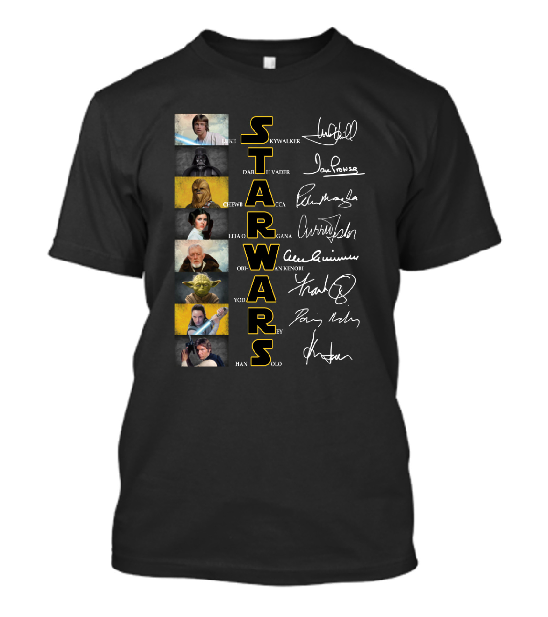 Luke Skywalker Darth Vader Chewbacca Leia Organa Obi-Wan Kenobi Yoda Rey Han Solo Star Wars Signatures T-Shirt