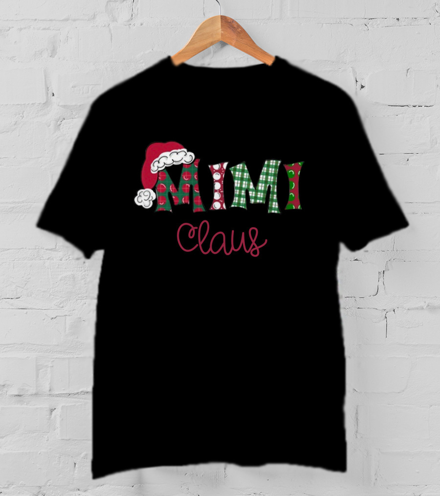 Mimi Claus Christmas Santa Hat Polka Dot Plaid T-Shirt