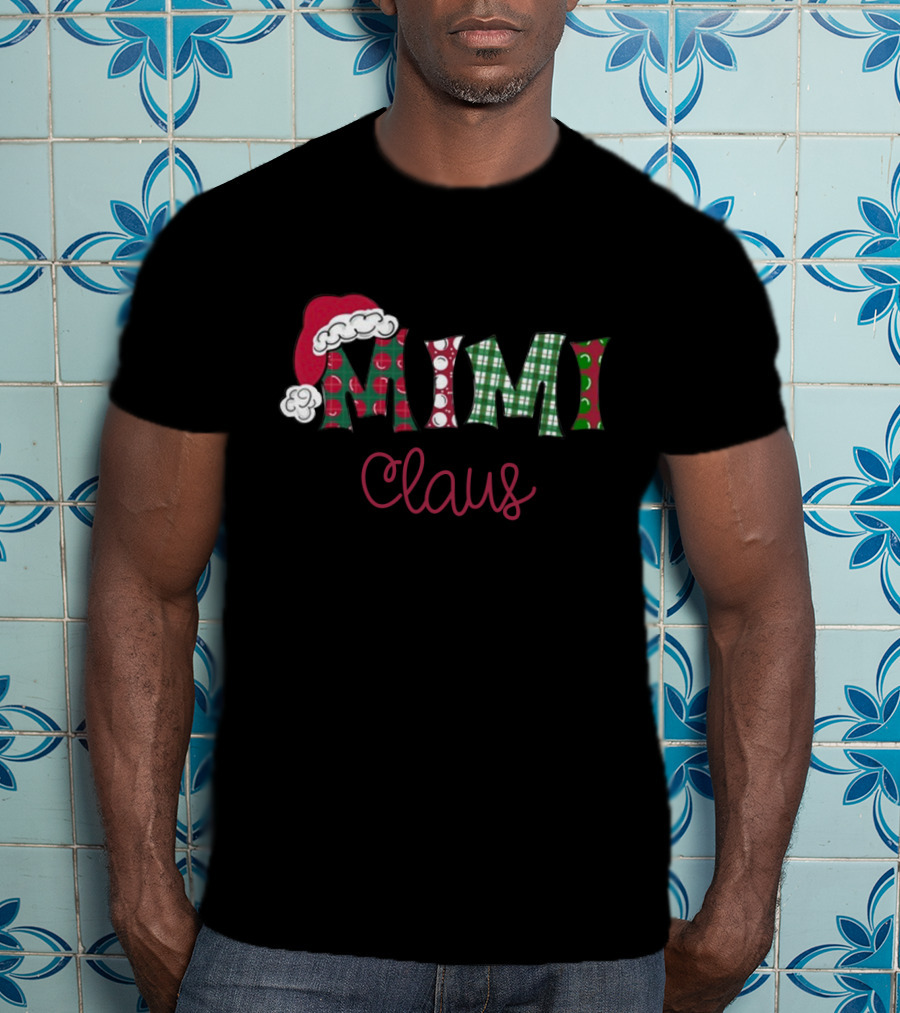 Mimi Claus Christmas Santa Hat Polka Dot Plaid T-Shirt