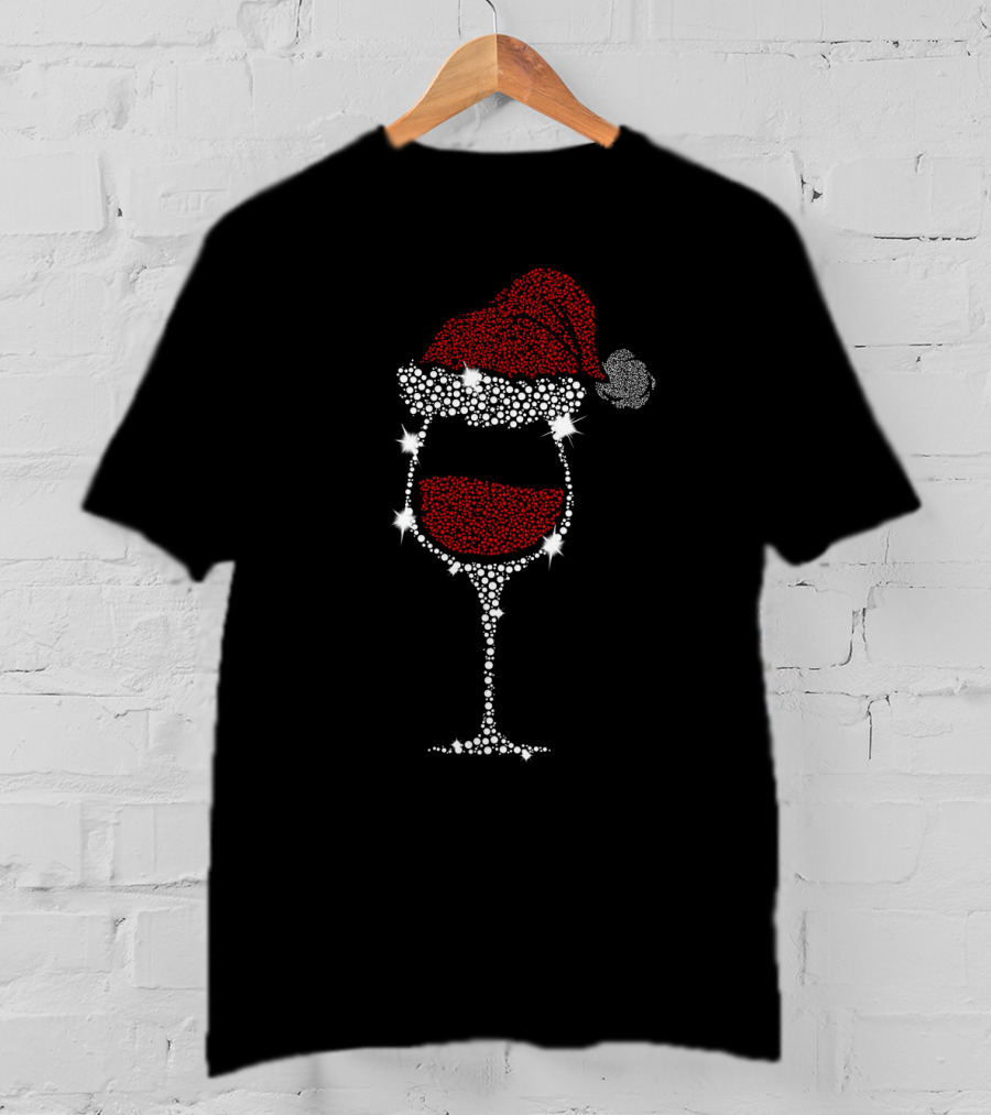 Glitter Christmas Santa Hat Wine Glass T-Shirt