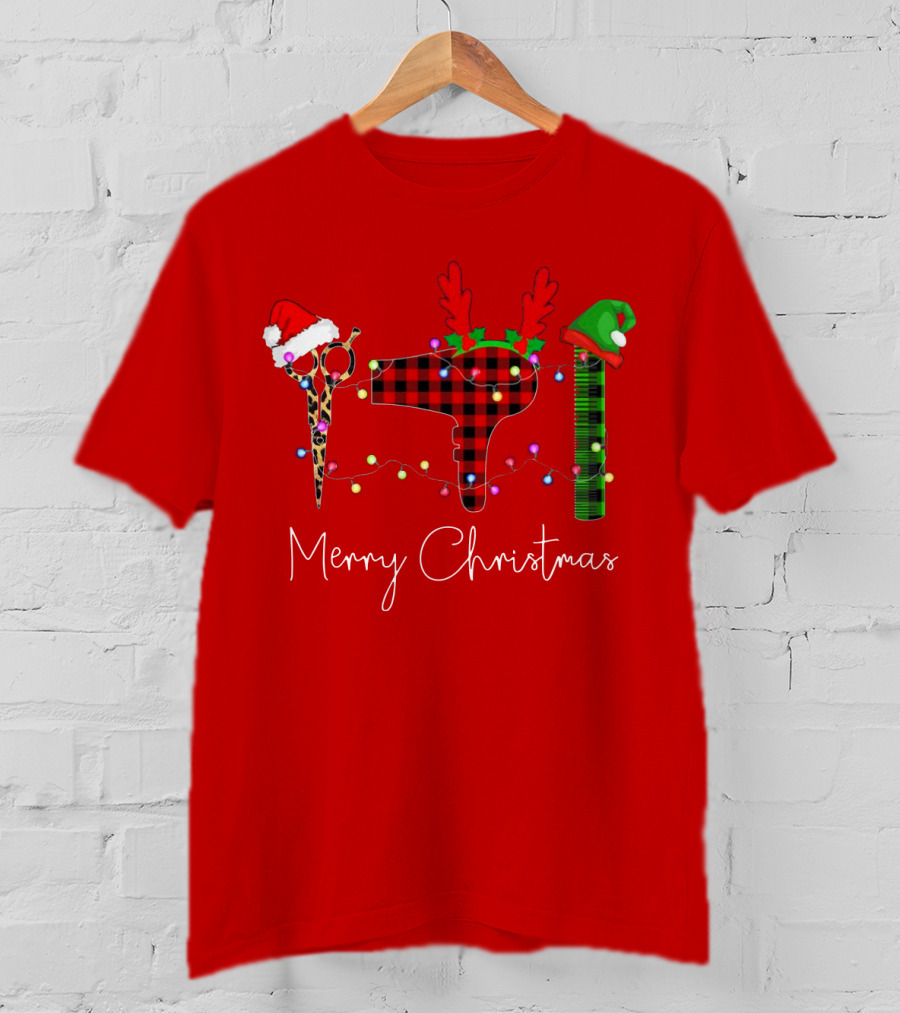 Hair Stylist Merry Christmas Scissors Dryer Comb Holiday Hat T-Shirt