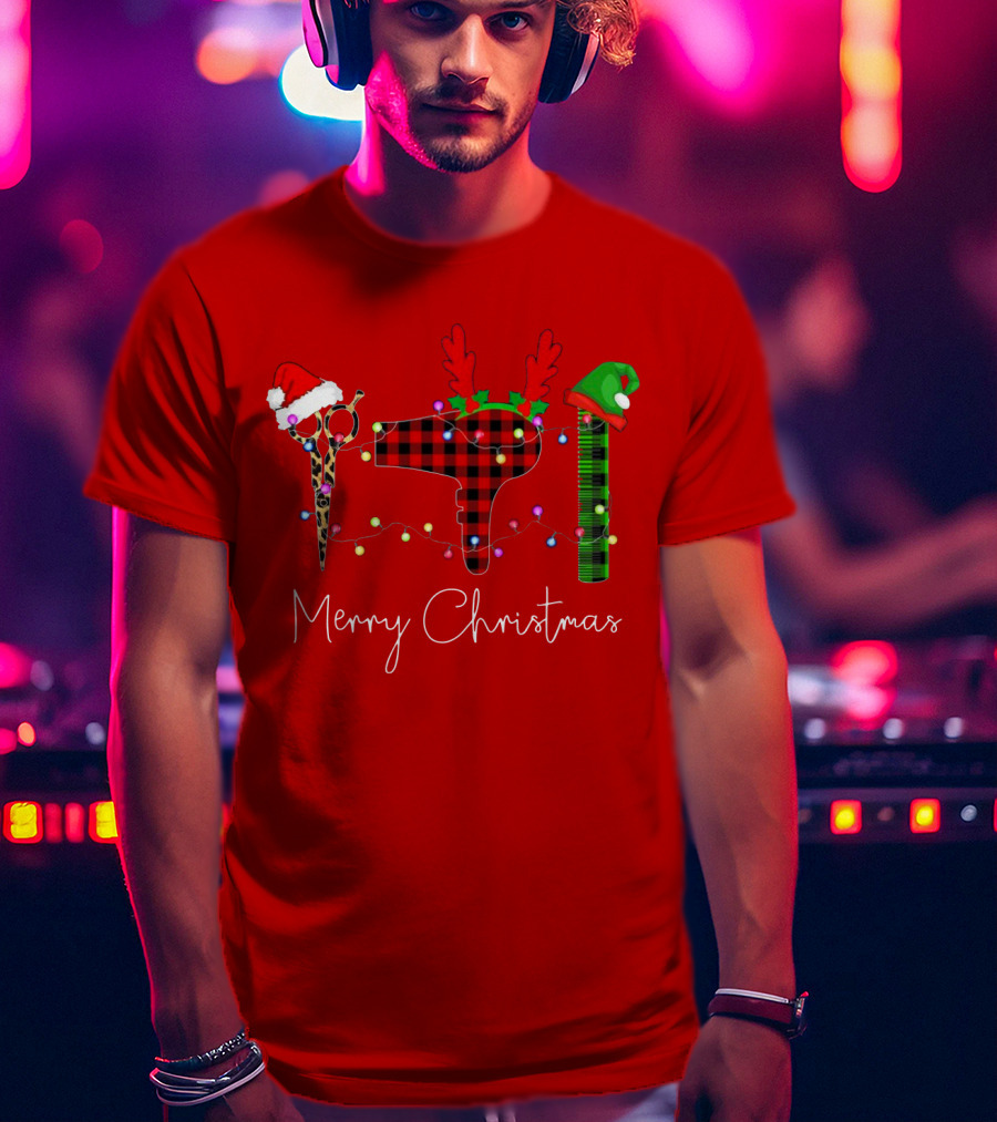 Hair Stylist Merry Christmas Scissors Dryer Comb Holiday Hat T-Shirt