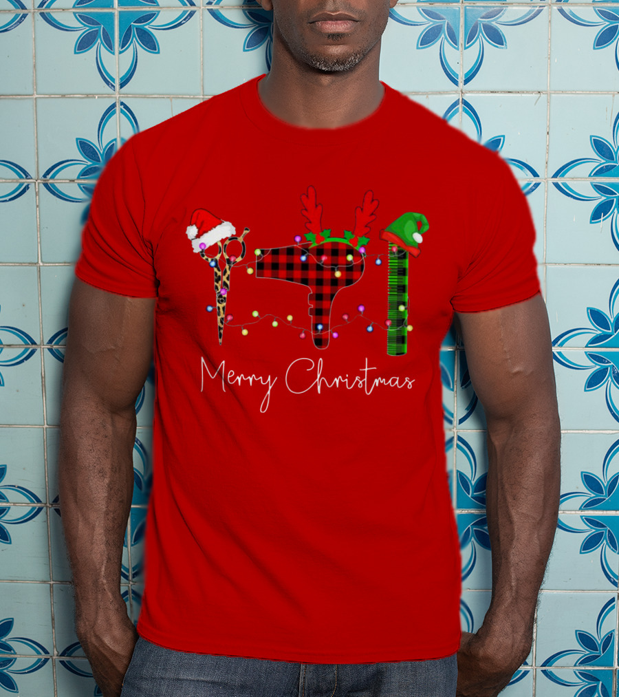 Hair Stylist Merry Christmas Scissors Dryer Comb Holiday Hat T-Shirt