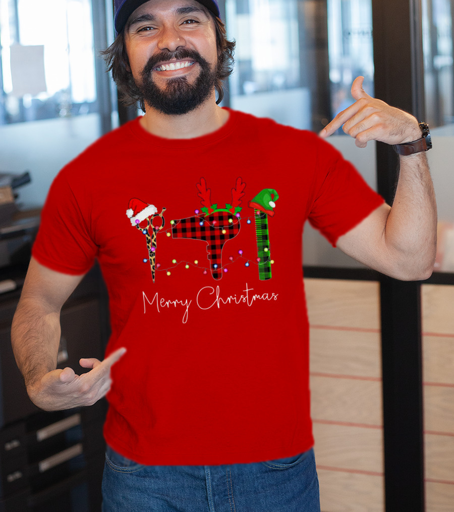 Hair Stylist Merry Christmas Scissors Dryer Comb Holiday Hat T-Shirt