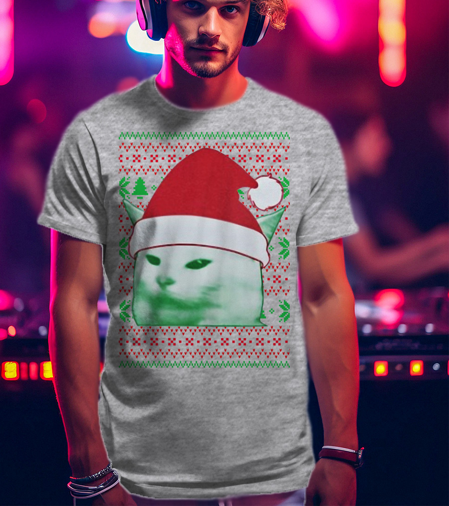 Santa Hat Cat Meme Christmas Pattern Raglan T-Shirt
