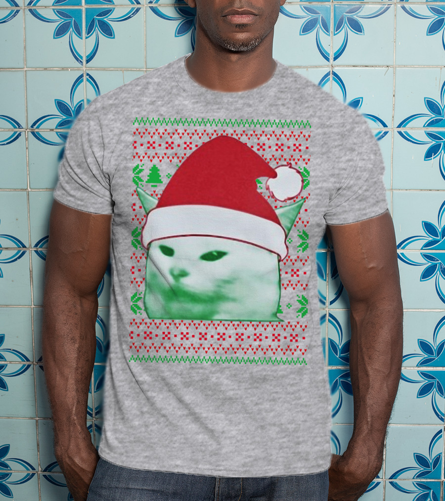 Santa Hat Cat Meme Christmas Pattern Raglan T-Shirt